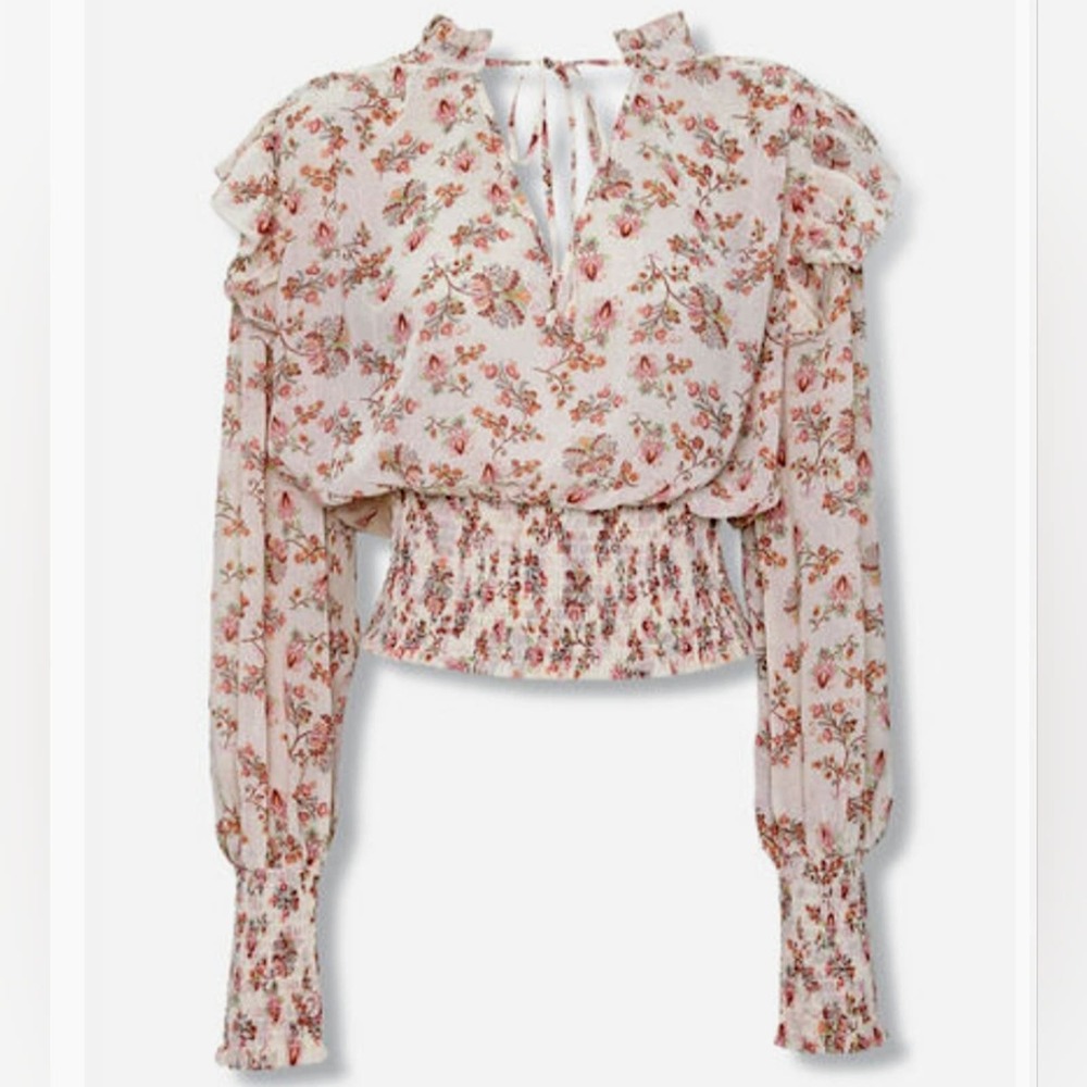 O Forever 21 Cream Wildflower Neck Tie Smocked Cropped Long Sleeve Top NWT M
